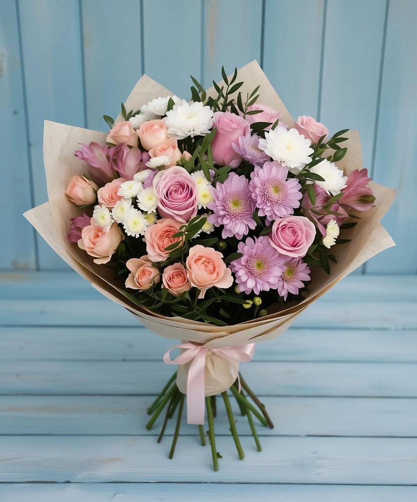 Букет цветов из: Хризантемы, Розы и Альстромерии в Михайловской